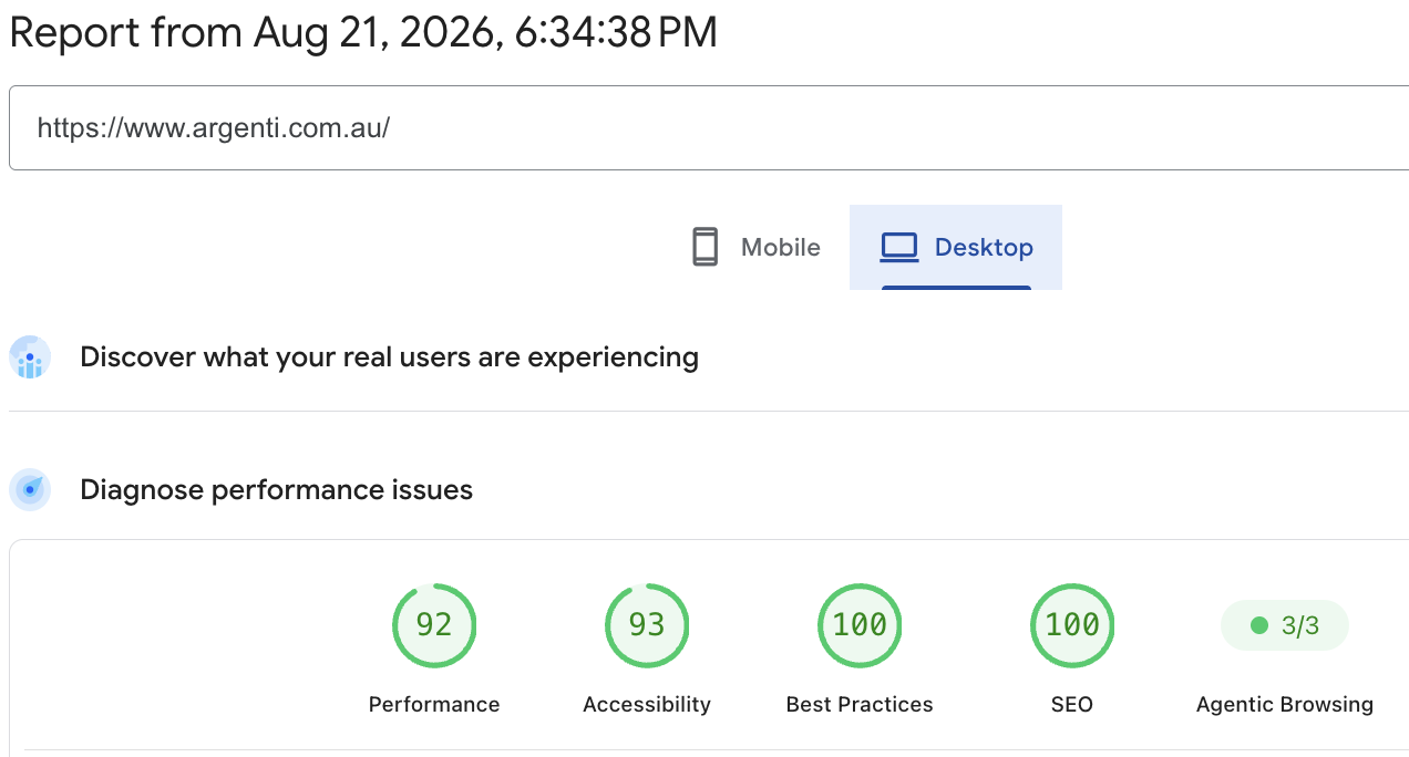 Google PageSpeed Insights live desktop results for the Argenti website