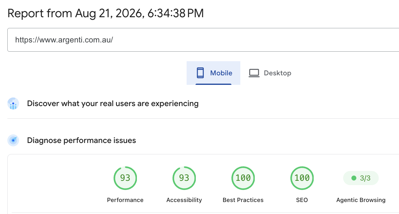 Google PageSpeed Insights live mobile results for the Argenti website