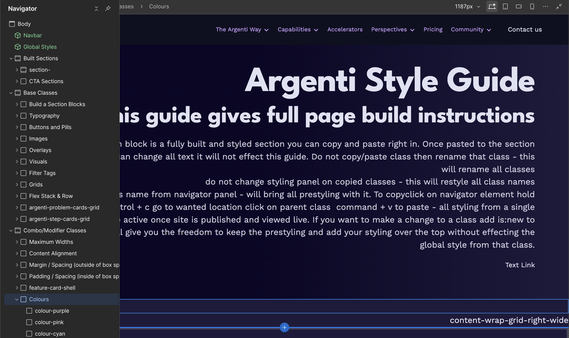 Argenti Webflow Style Guide showing reusable website classes and systems